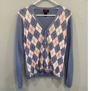 Brooks Brothers Womens Supima Cotton V-Neck Cardigan Sweater M Blue Pink Argyle